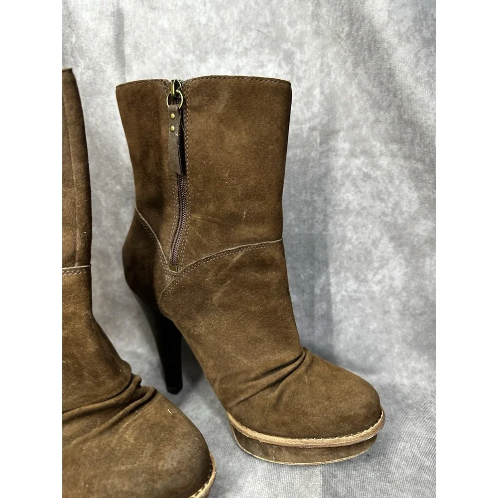 UGG Bianka Brown Suede Platform Mid-Calf Boots Braided Trim Shearling Lined Sz 8